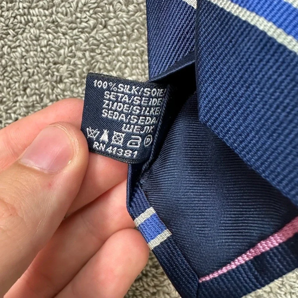 Polo Ralph Lauren Silk Tie Navy Blue Pink Striped Handmade Italy Mens Necktie